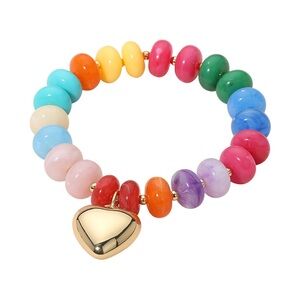 Metal Heart Charm Accent Resin Pebble Beaded Stretch Bracelet